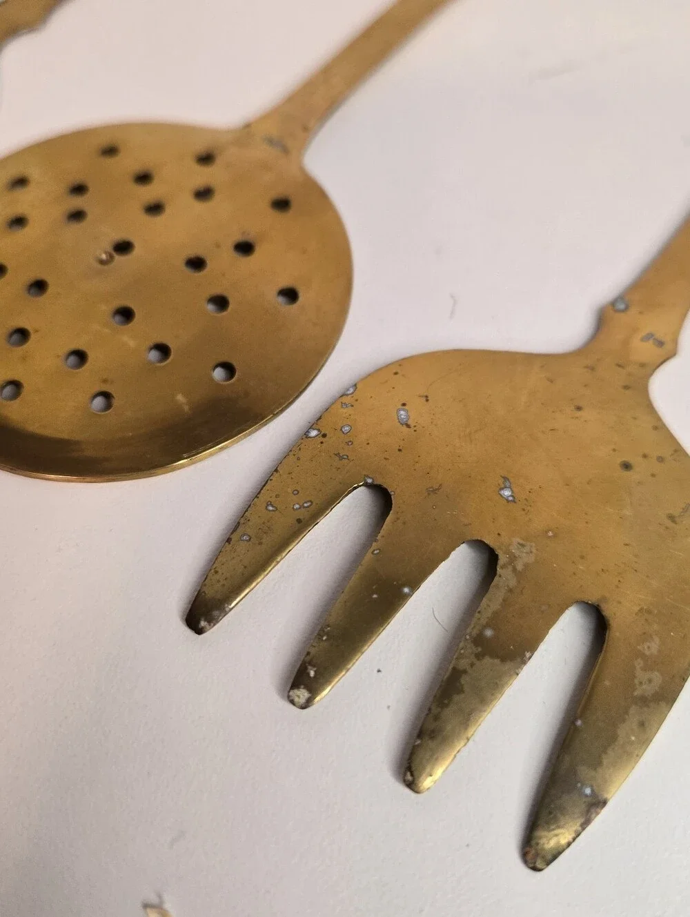 Vintage French Country Brass Kitchen Utensils, 4 Piece Set, Cut Out Handles